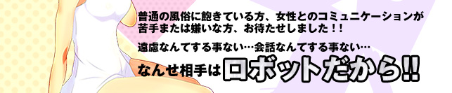 普通の風俗に飽きている方、女性とのコミュニケーションが苦手または嫌いな方、お待たせしました!!遠慮なんてする事ない…会話なんてする事ない…なんせ相手はロボットだから!!